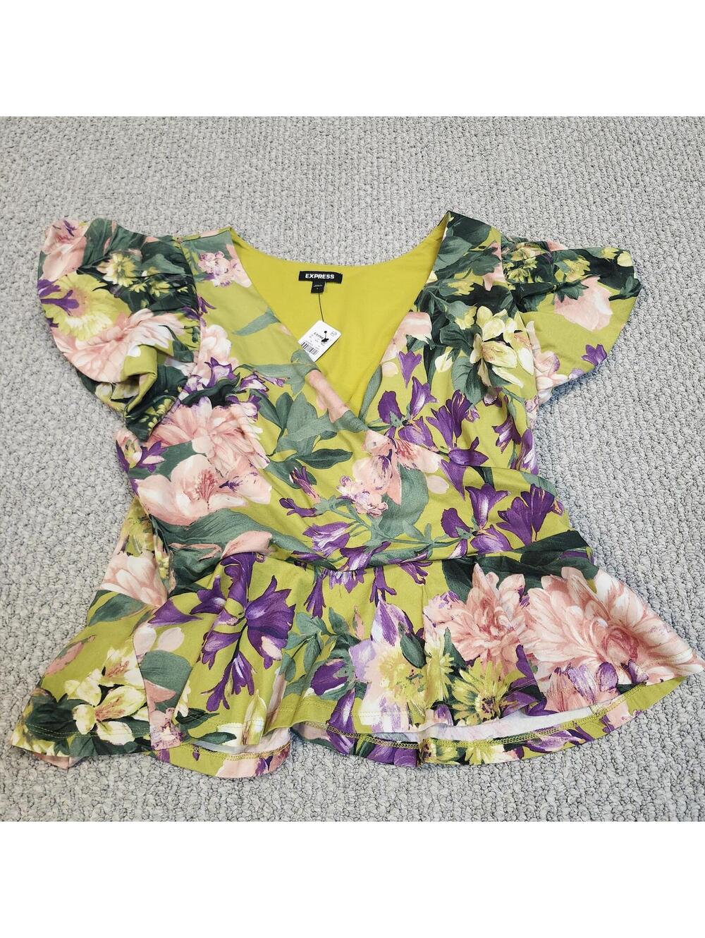 Express Floral Wrap Peplum Top Size L Multicolor NWT